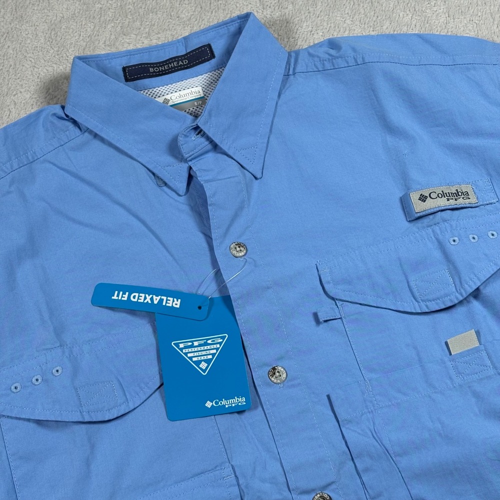 Columbia PFG Bonehead Fishing Shirt Mens Small Blue Short Sleeve Vented NEW